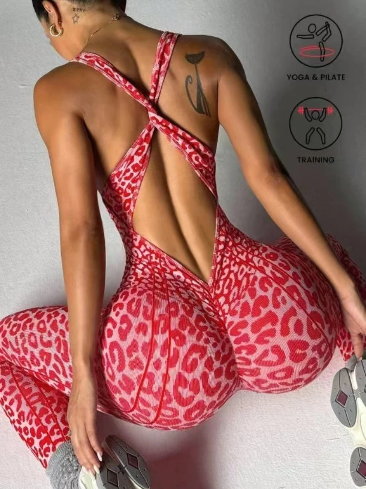 Sexy Leopard Print Sports Jumpsuits for Women V-neck Backless Yoga Bodysuit Female Sleeveless Tight Gym Running Fitness Overalls - Matrix Studios