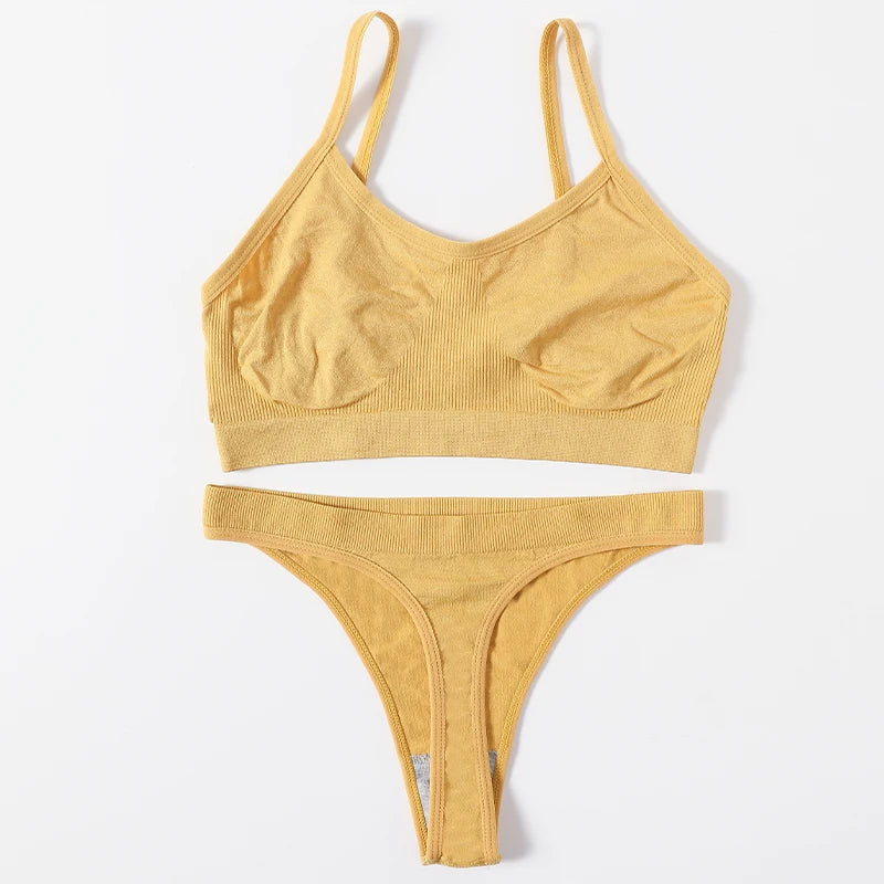 Women Seamless Bra And Panties Set Wire Free Bralette High Leg Cut Thongs Comfort Ribbed Unlined Underwear Sexy Lingerie Set - Matrix-studios.com
