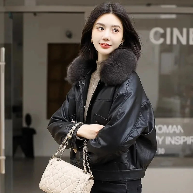 Winter Leather Jacket Women Short Coat Fleece Lining Thicken Warm PU Outerwear Rabbit Fur Jackets Ladies Velvet Tops Loose Coats - Matrix Studios