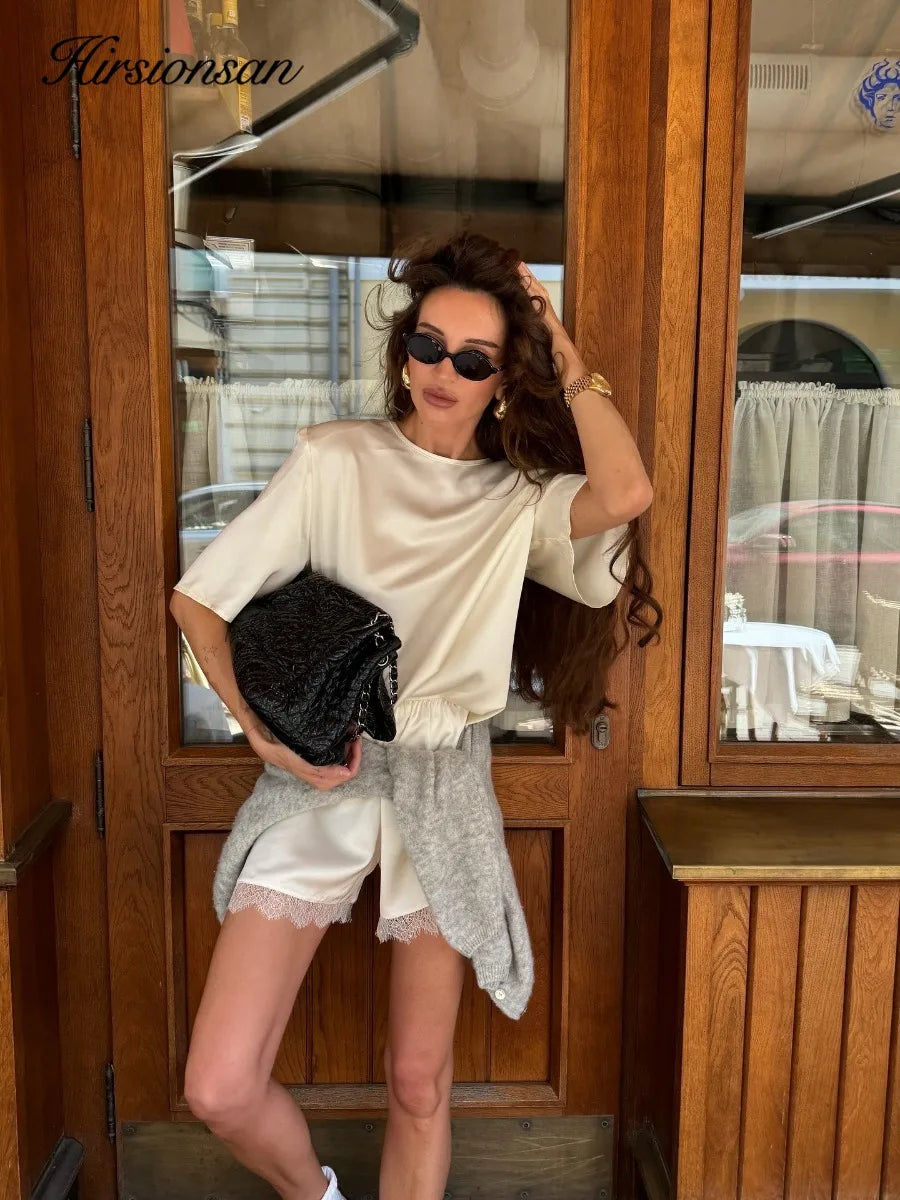 Hirsionsan Loose Sets Women Two Pieces Short Tops & Lace Patchwork Shorts Elegant Female High Quality Outfits Soft Tracksuit - Matrix-studios.com