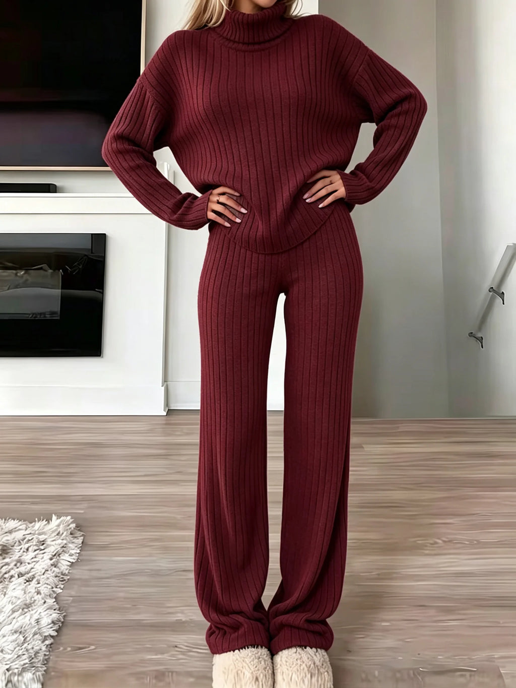 Women Ribbed Knit 2 Piece Outfit, Turtleneck Long Sleeve Sweater Top & High Waist Wide Leg Pants Set, Casual Loungewear Matching Sweatsuit For Daily Wear
