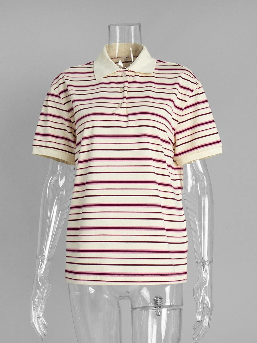 Bornladies Summer 2025 New Women's Retro Striped Polo Short Sleeve T-Shirt Loose Knitted Casual Top - Stylish Flattering Fit - Matrix-studios.com