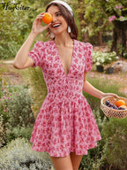 Hugcitar 2026 Floral Print V Neck Short Sleeve Lace Up Zip Up Sexy Slim Pleated Mini Dress Summer Elegant Outfits Party Vacation - Matrix-studios.com