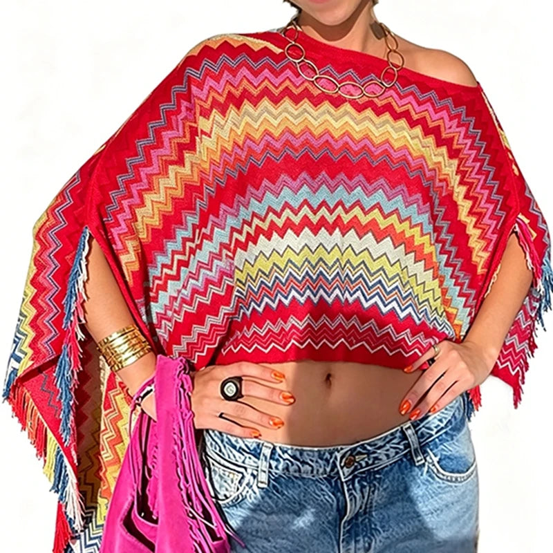 Combhasaki Women Knitwear Bikini Cover-up See-through Solid Off Shoulder Irregular Triangle Hem Loose Pullover Summer Beach Tops - Matrix Studios