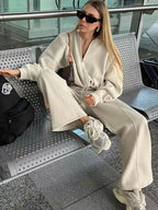HH Women's Fall 2-Piece Retro Solid Color Zip Bomber Jacket Sweatshirt+High Waist Lace Up Women's Wide Leg Pants Street Wear - Matrix-studios.com