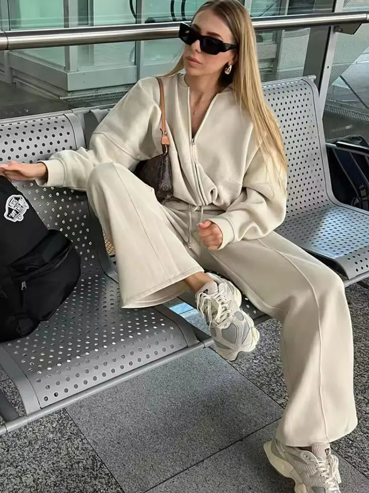 HH Women's Fall 2-Piece Retro Solid Color Zip Bomber Jacket Sweatshirt+High Waist Lace Up Women's Wide Leg Pants Street Wear - Matrix-studios.com