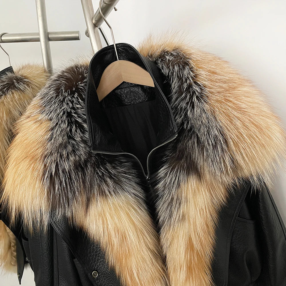 OFTBUY Women's Faux Leather Moto Jacket with Real Fox Fur Collar PU Leather Cropped Biker Coat with Lace-Up New Winter Outerwear - Matrix Studios