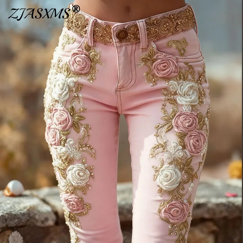 Romantic Pink Rose Flower Print Jeans Vintage Elegant Buttoned Women's Pants Autumn High Waist Slim Chic Trousers Harajuku Mujer - Matrix-studios.com