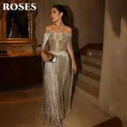 ROSES Gold Luxury Evening Dress Off Shoulder Tassel Party Dresses Cape Sleeve Prom Gown Shiny Mermaid robes du soir Customized - Matrix-studios.com