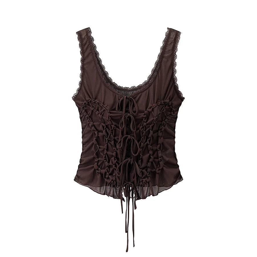 DUOPERI Women Y2K Fashion Solid Pleated Lace Up Slim Fitting Camisole Straps V-Neck Female Chic Lady Casual Tank Tops - Matrix-studios.com