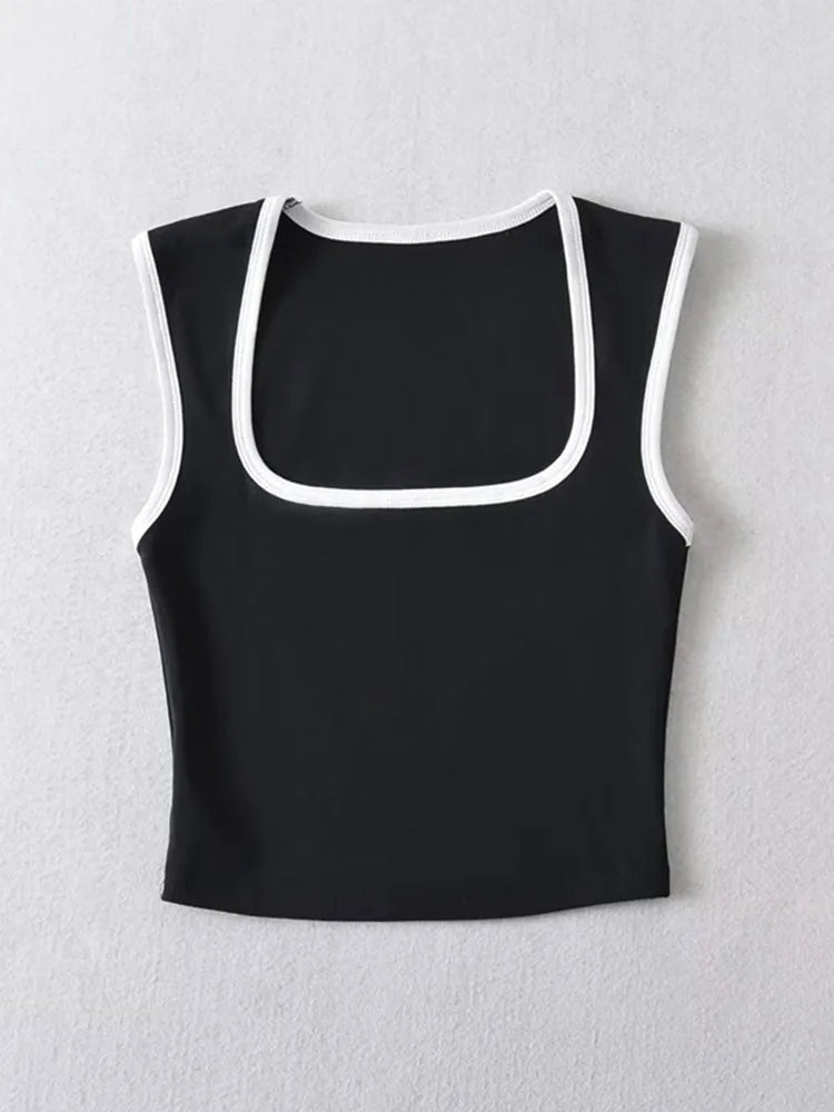 Woman Fashion Slim Solid Contrust Camis Casual Sleeveless Tanks Square Collar Crop Tops Clothing Streetwear Mujer 2024 Y2k - Matrix-studios.com