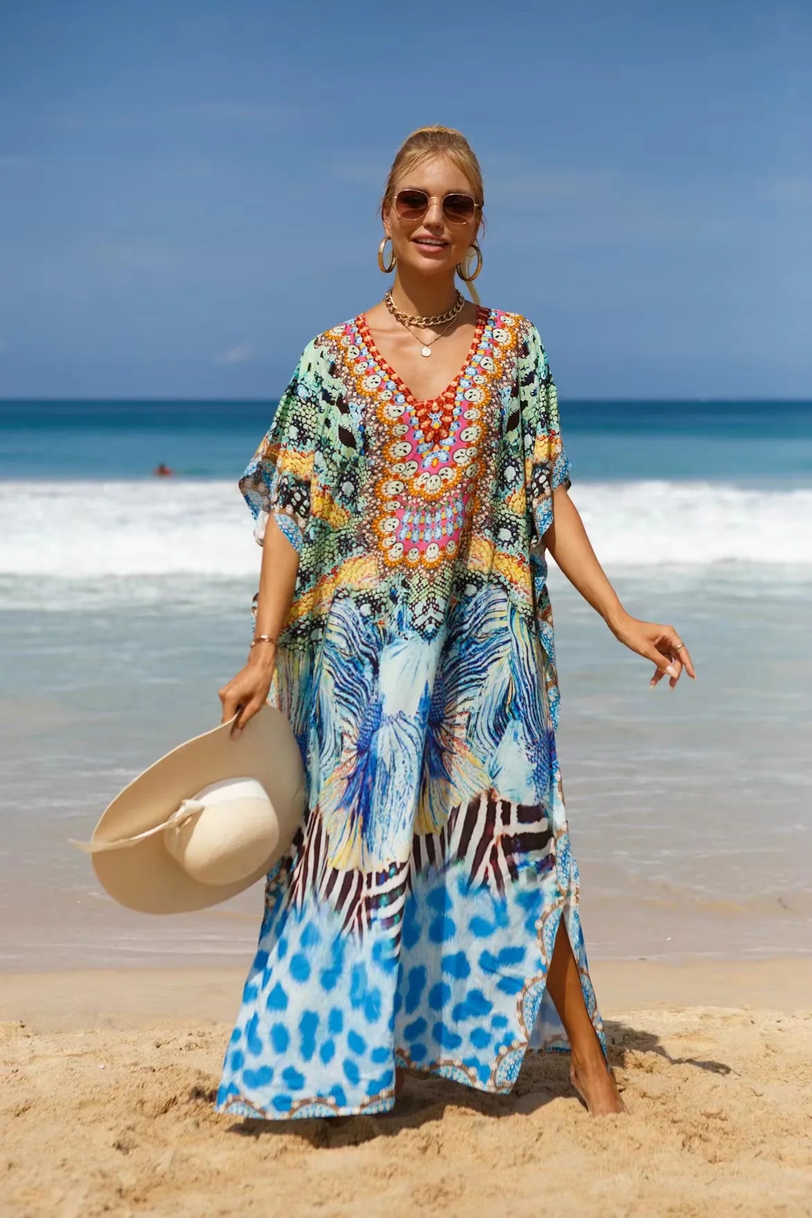 Kaftan Dresses Tropical Printed Cover Ups for Swimwear Women Elegant Maxi Robe Holiday Bathing Suits Dropshipping Hot Sales - Matrix Studios