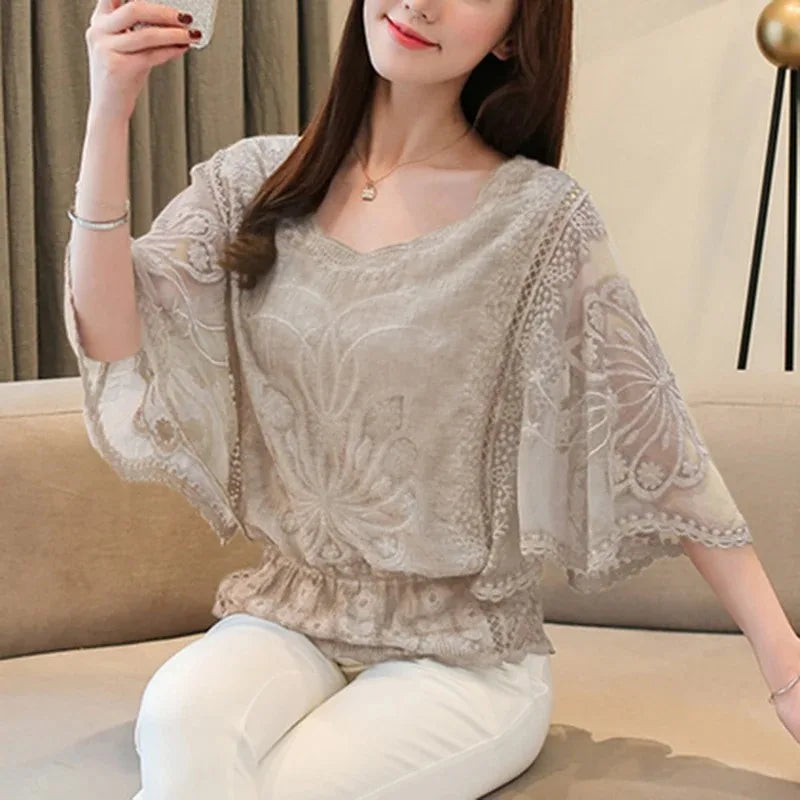 Summer Loose Lace Blouse Women 2025 Butterfly Sleeve Chiffon Shirt Woman Fashion Casual Floral White Shirt Tops Blusas 4073 - Matrix-studios.com