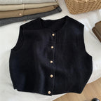 Women Sweater Vest Gold Button Up Waistcoat Soft Knitted Sleeveless Cardigan Jacket Top Fall Winter Korean Ladies Chic Outfit - Matrix Studios