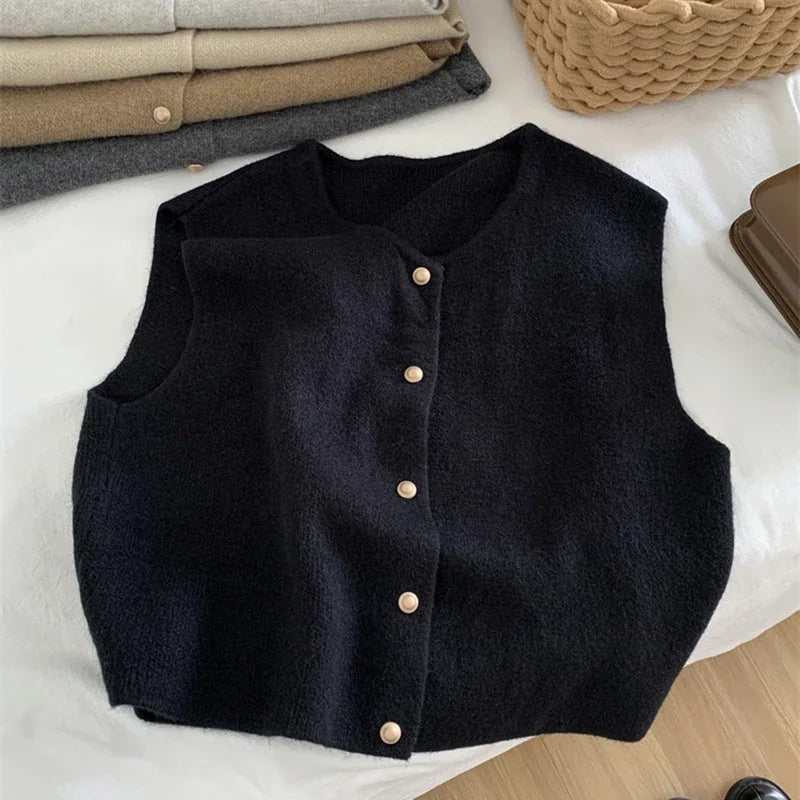 Women Sweater Vest Gold Button Up Waistcoat Soft Knitted Sleeveless Cardigan Jacket Top Fall Winter Korean Ladies Chic Outfit - Matrix Studios