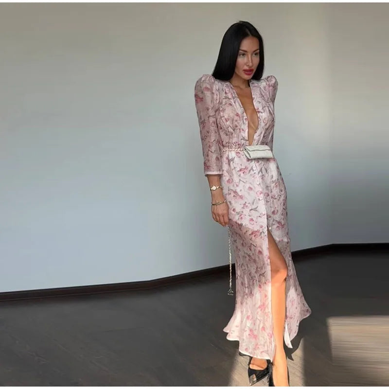 Organza Floral Printed Maxi Dress V-Neck  Puff Sleeve 2026 Spring/Summer Romantic Women Party Gown Fashion Elegant Lady Vestidos - Matrix-studios.com