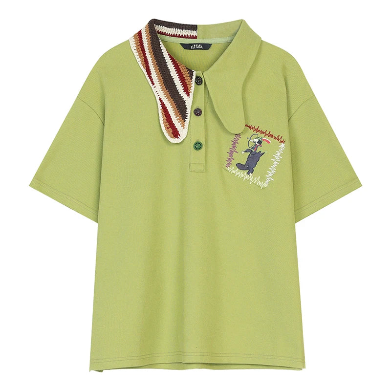 ELFSACK Asymmetric Crochet Collar Polo Shirt with Cartoon Embroidery for Women - Matrix-studios.com