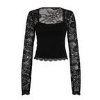 SUCHCUTE Lace-trimmed Patchwork Long-sleeve Tees Women Square Neck See-through Back Top Y2k Aesthetic 90s Sexy T-shirts Vintage - Matrix-studios.com