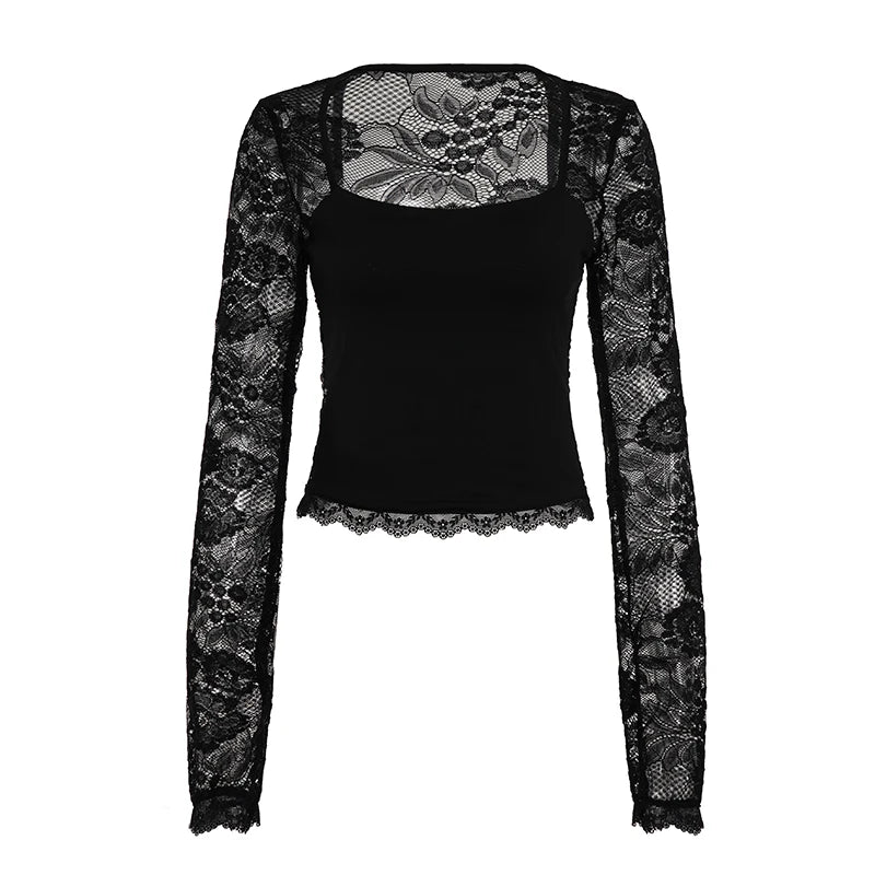 SUCHCUTE Lace-trimmed Patchwork Long-sleeve Tees Women Square Neck See-through Back Top Y2k Aesthetic 90s Sexy T-shirts Vintage - Matrix-studios.com