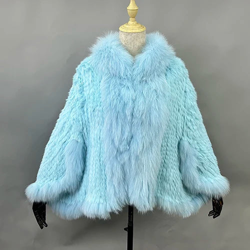 New Real Genuine Natural Knitted Rabbit Fur Shawl Coat With Fox Fur Collar Women's Fashion Knit Jacket Cape - Matrix Studios