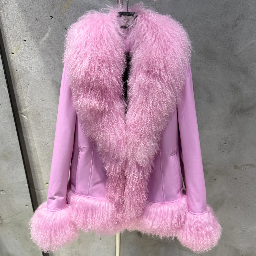Sheep Fur Leather Coats Women Winter Luxury Mongolian Fur Leather Jackets with Long Sleeve with Natural Mongolian Fur 7251 - Matrix Studios