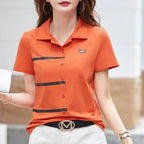 New Women Summer Cotton Polo T-shirt Fashion Turn-down Collar Short Sleeve Contrast Color T-shirt Casual Simplicity Loose Tees - Matrix-studios.com