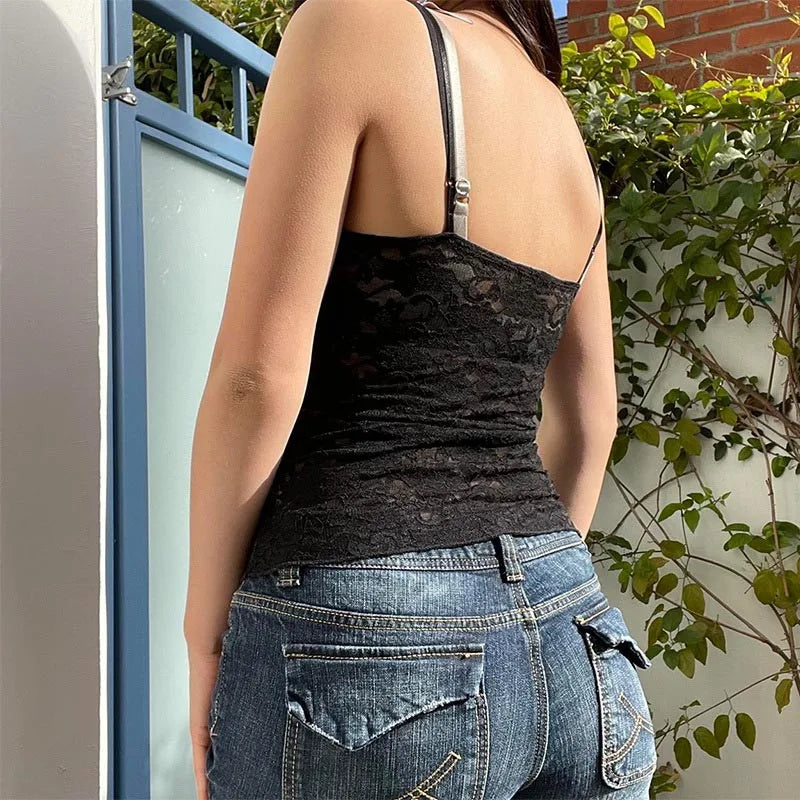Black See Through Lace Cami Crop Tops Women Summer Y2K Clothes Sleeveless V Neck Sexy Tanks Camis Aesthetic 2000s Gothic Tees - Matrix-studios.com