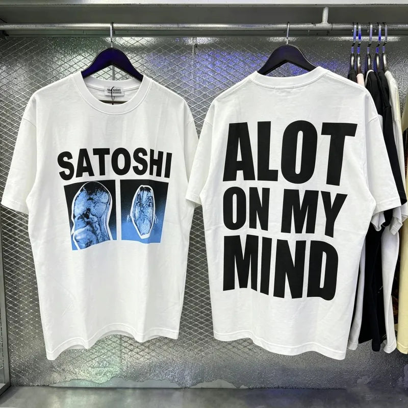 Summer White Satoshi Nakamoto Tshirts Casual Loose Round Neck Short Sleeve ALOT ON MY MIND Print Men Women  Hiphop Streetwear - Matrix-studios.com