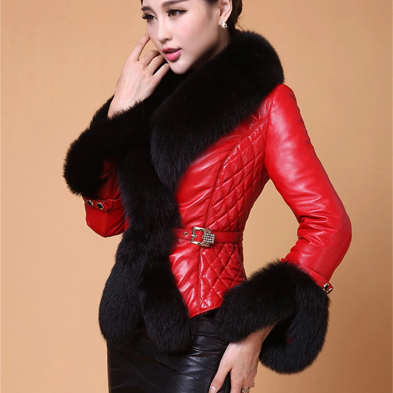 Leather Jacket Women Coat Faux Fox Fur Collar Short Coat PU Leather New Winter Female Jacket Elegant Motorcycle Zipper Outerwear - Matrix Studios