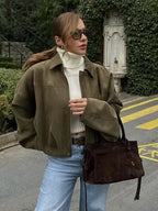 HH Women Brown Green Suede Jacket Loose Casual Bomber Coat Lapel Zipper Long Sleeve Jackets Vintage Lady Motorcycle Outwears - Matrix-studios.com