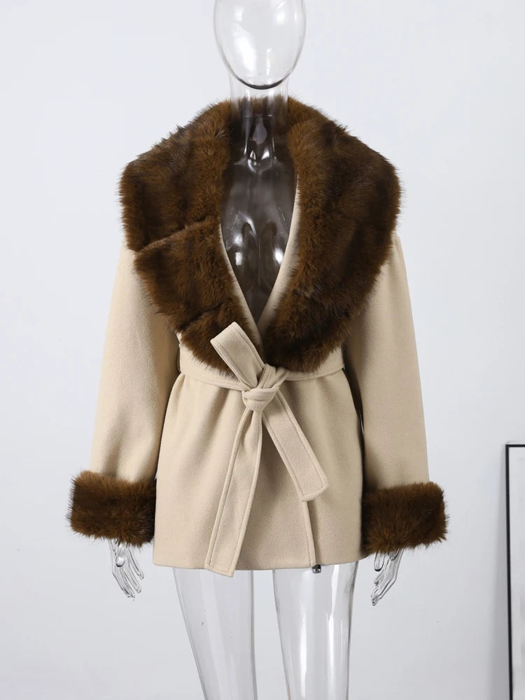 Chic Black Belted Coat Women Elegant Brown Fur - Trimmed Collar and Cuffs Middle Long Coats Lady Warm Cold - Weather Wear - Matrix Studios