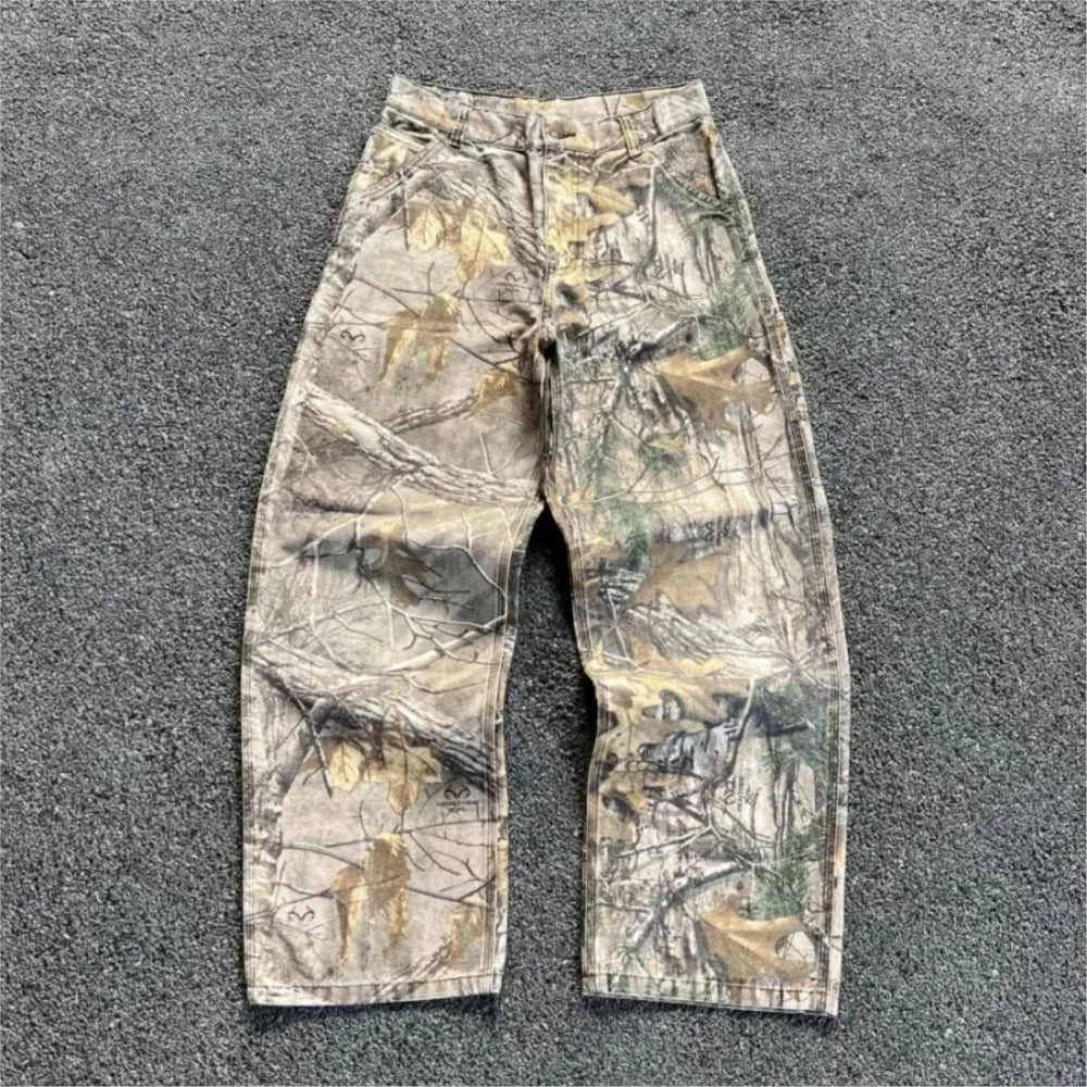Men's Branch Camouflage Jeans American Style Old Washed Wide Leg Retro Loose Fashion Trend Street Straight Jeans Camo Pants Y2K - Matrix Studios