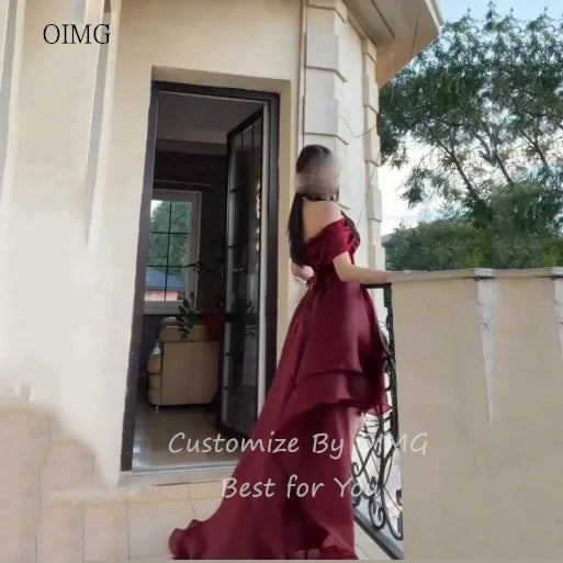 OIMG Elegant Burgundy Off The Shoulder Asymmetry Prom Gowns Backless Gala-ready Party Gown Floor Length Evening Dress Customized - Matrix-studios.com