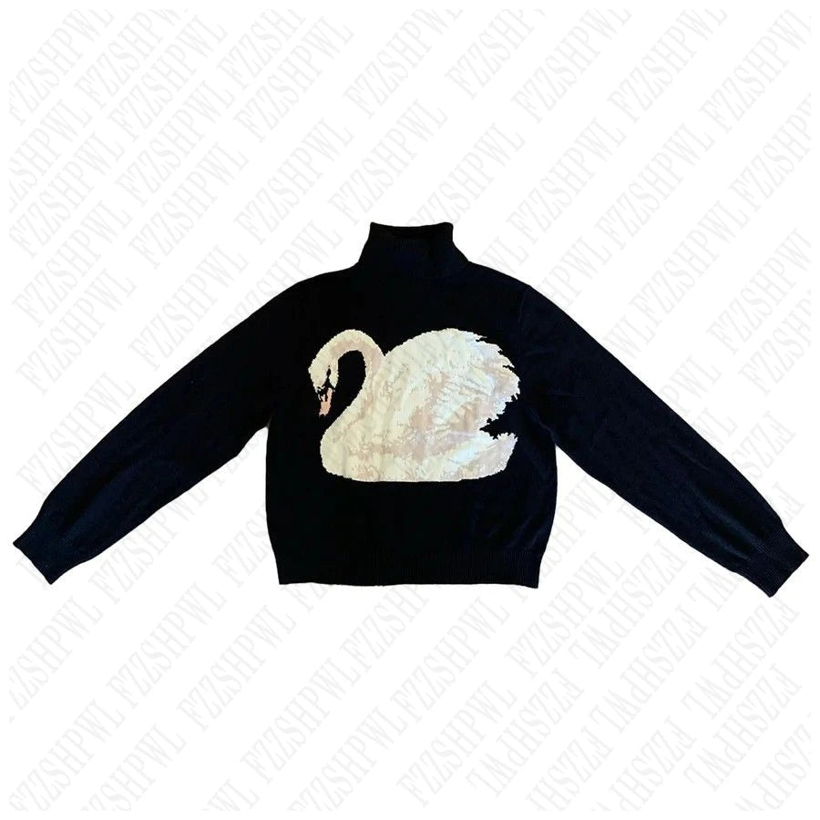 Black Swan Graphic Print Women Sweet Cute Turtleneck Knitted Sweater Y2K Style Winter Harajuku High Street Casual Warm Pullover - Matrix Studios