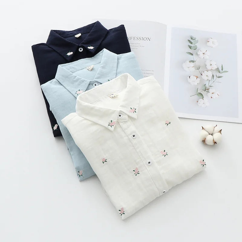 2026 Spring Autumn New Fresh Cotton Yarn Ladies Long Sleeve Shirt Flower Embroidered Women's Casual Shirt Female Blouse Clothes - Matrix-studios.com