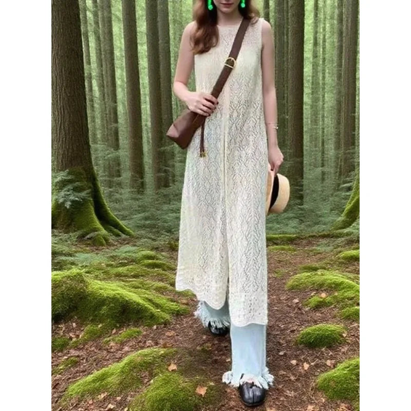 Summer vintage hollowed out knitted cardigan sleeveless lace sun protection cover Korean version elegant solid color outfit6863 - Matrix Studios