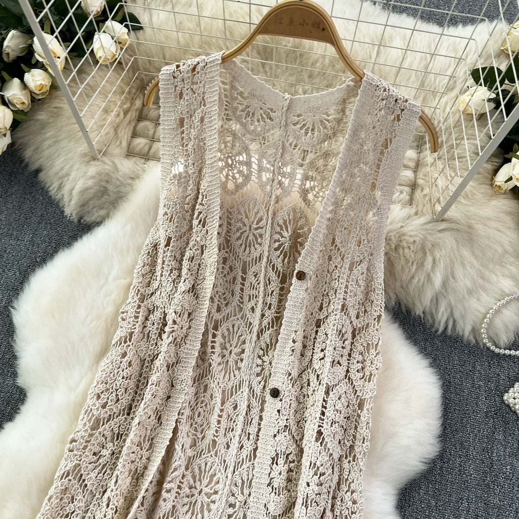 Longline Crochet Cardigan Button Front Sleeveless Sheer Open-knit Long Cover-up Jacket Women Summer Beach Vacation Outfit - Matrix Studios