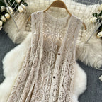 Longline Crochet Cardigan Button Front Sleeveless Sheer Open-knit Long Cover-up Jacket Women Summer Beach Vacation Outfit - Matrix Studios