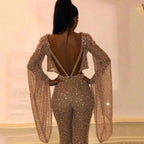 Sexy Backless Hollow Bandage Jumpsuit Women Spring O-neck Flare Sleeve Straight Playsuit Fall Sequin Shiny Party Romper Overalls - Matrix Studios
