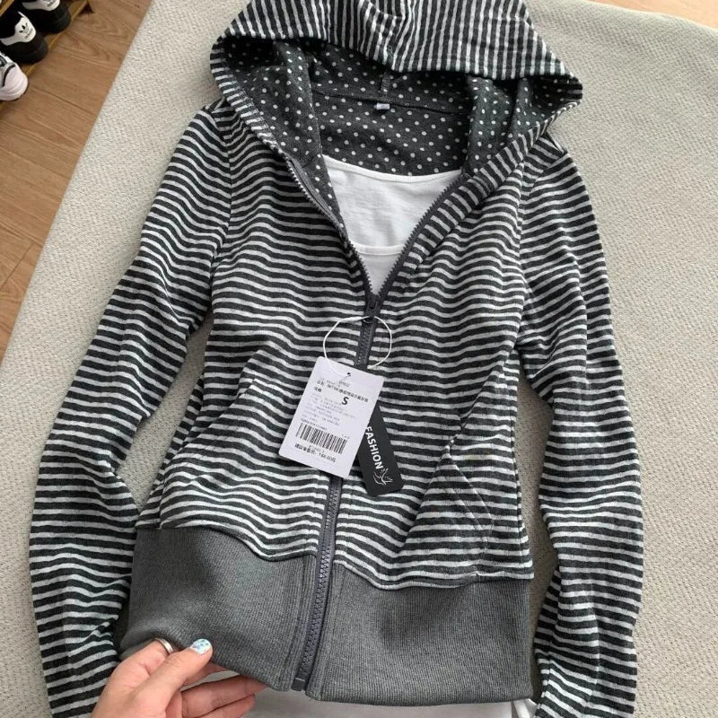 Korean Lazy Style Hooded Cardigan Fashion Vintage Gray White Striped Sweatshirts Spring Autumn Slim Fit Coat Women - Matrix Studios