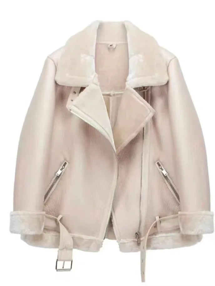 Winter Women Thick PU Leather Warm Suede Lamb Jacket Motorcycle Coats Faux Shearling Biker Sheepskin Leather Jackets Outwear - Matrix Studios