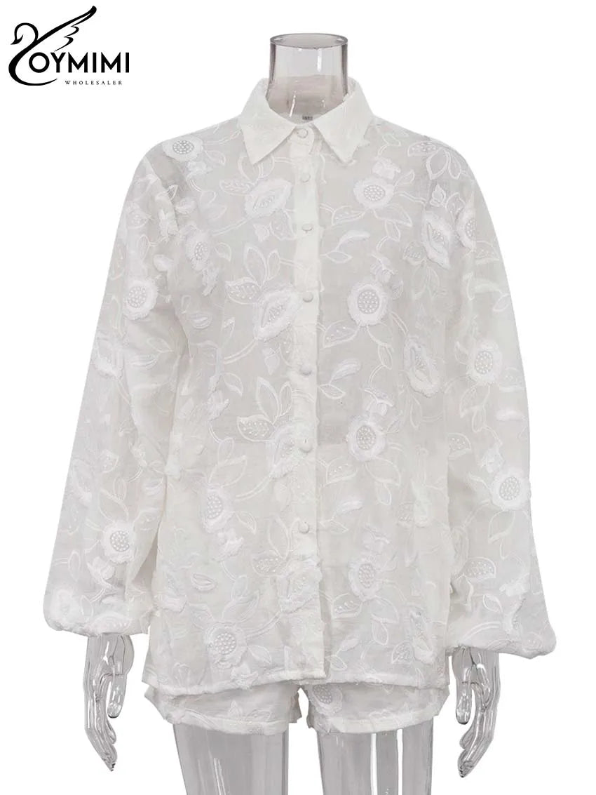 Oymimi Summer White Cotton 2 Piece Sets Women Outfit Casual Jacquard Button Wrist Sleeve Shirts And High Waist Shorts Female Set - Matrix-studios.com