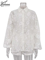 Oymimi Summer White Cotton 2 Piece Sets Women Outfit Casual Jacquard Button Wrist Sleeve Shirts And High Waist Shorts Female Set - Matrix-studios.com
