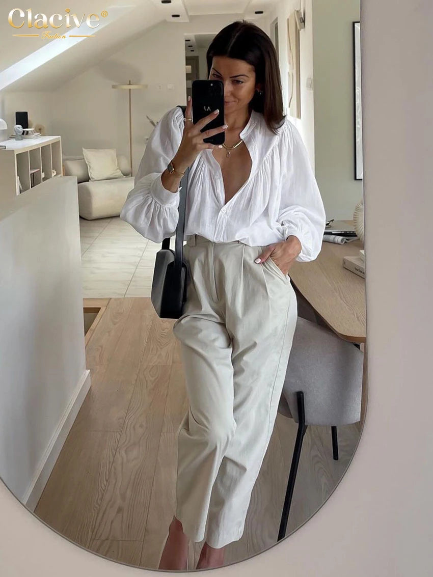 Clacive Casual Loose White Cotton Women's Blouse 2025 Fashion Stand Collar Long Sleeve Shirt Elegant Classic Solid Top Female - Matrix-studios.com