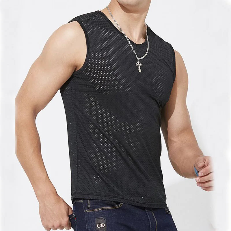 Men's Ice Silk Mesh Tank Tops Gym Stringer Transparent Bodybuilding Sleeveless Shirt Fitness Vest Male mesh Muscle Singlets Tops - Matrix Studios