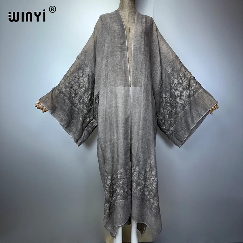 WINYI Kimono Hand-Dyed Embroidered Cardigan Beachwear Evening Dress Abaya Dubai Luxury Cover-Ups Beach Outfits Women Maxi Coat - Matrix Studios