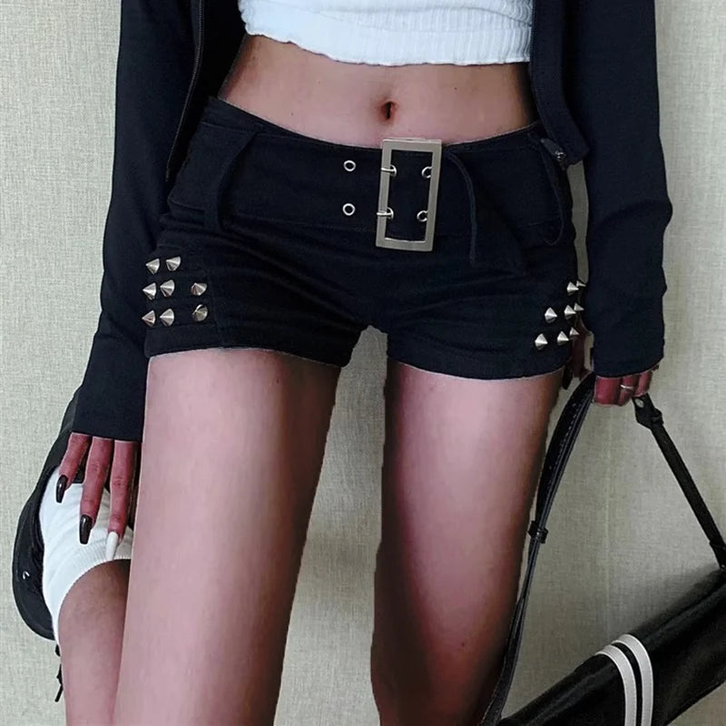 2024 Female American Low Waist Night Club Jeans Girls Fashion Metal Rivet Decoration Harajuku Pants Women Sexy Black Y2k Shorts - Matrix-studios.com