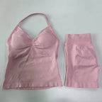 Sexy Halter Neck Beautiful Back High Waist Peach Sports Bras Shorts Suit Pilates Gathering Yoga Vest Training Fitness Bra Sets - Matrix-studios.com