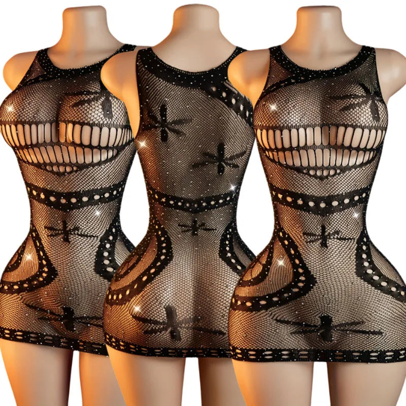 Women Sexy Fishnet Rhinestone Bodysuit See Through Without Bikini Hollow Out Bodycon Dress Summer Women's Swimwear Y2K - Matrix Studios