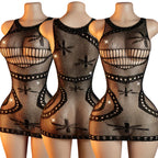 Women Sexy Fishnet Rhinestone Bodysuit See Through Without Bikini Hollow Out Bodycon Dress Summer Women's Swimwear Y2K - Matrix Studios